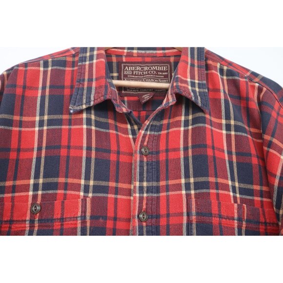Vintage Abercrombie & Fitch Mens XXL Red & Navy Authentic Chamois Plaid Shirt - Picture 6 of 13